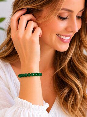 Handmade Emerald Green Glass Bead Stretch Bracelet 7" Elegant Statement Jewelry